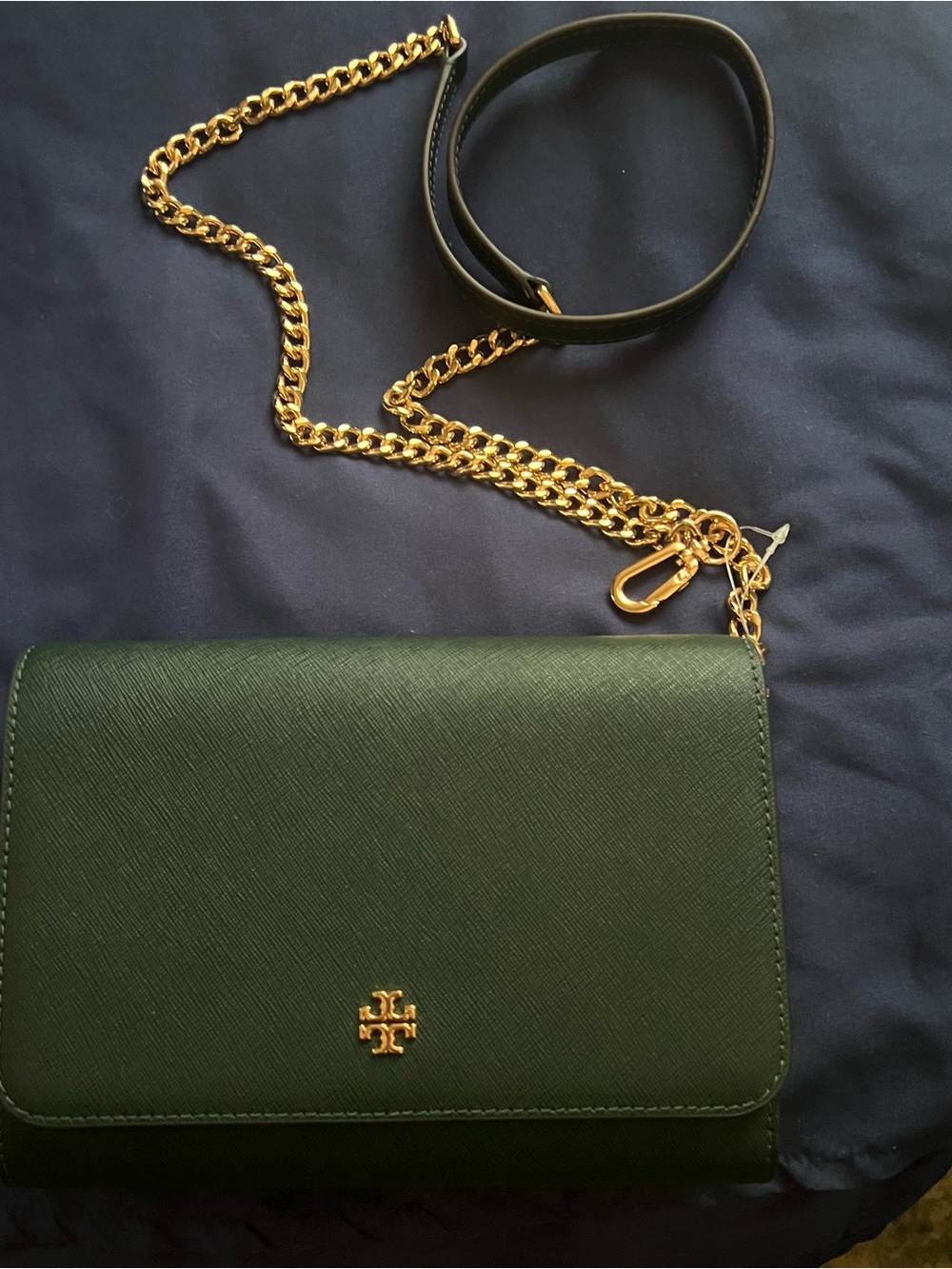 Tory Burch Emerson Dark Green Saffiano Leather Crossbody with Gold Chain